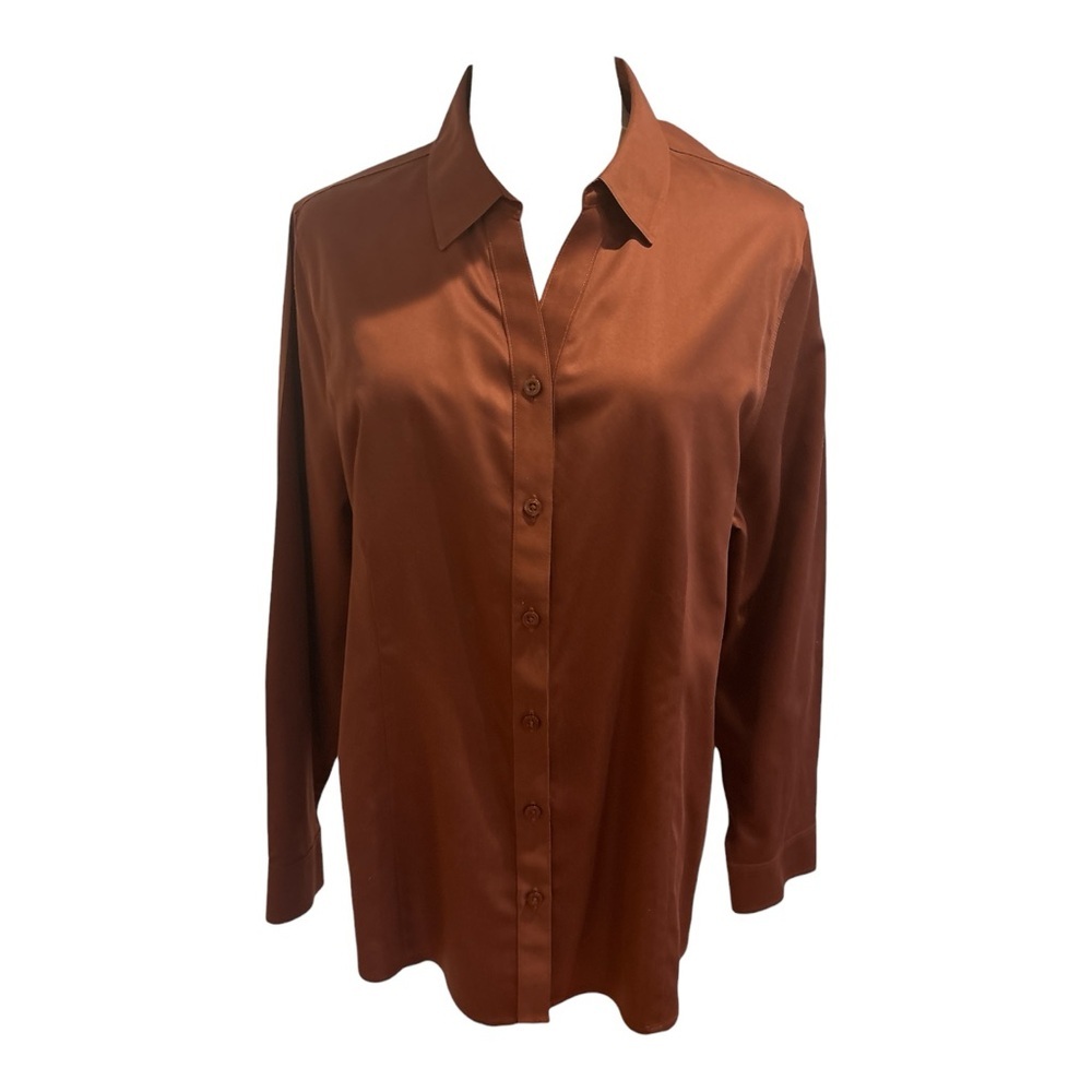 NWOT CHICO'S POLISHED COTTON RUSSET BROWN CLASSIC FITTED BUTTON-DOWN BLOUSE SZ L - Picture 3 of 6